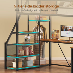 Twin Loft Bed with L-Shaped Desk, Wardrobe & Storage Stairs