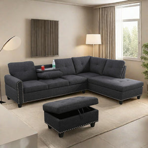 L-Shaped Modular Sectional Sofa with Ottoman Storage