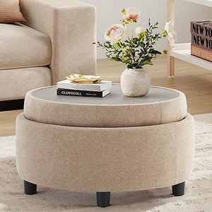 Round Storage Ottoman with Reversible Tray Lid