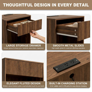 Fluted Nightstand Set of 2 with Charging Station