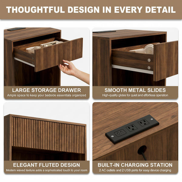 Fluted Nightstand Set of 2 with Charging Station