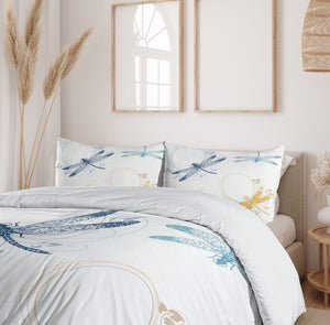 Queen Duvet Cover Set — Dragonfly Floral Print, 3-Piece Bedding Set with Pillow Shams