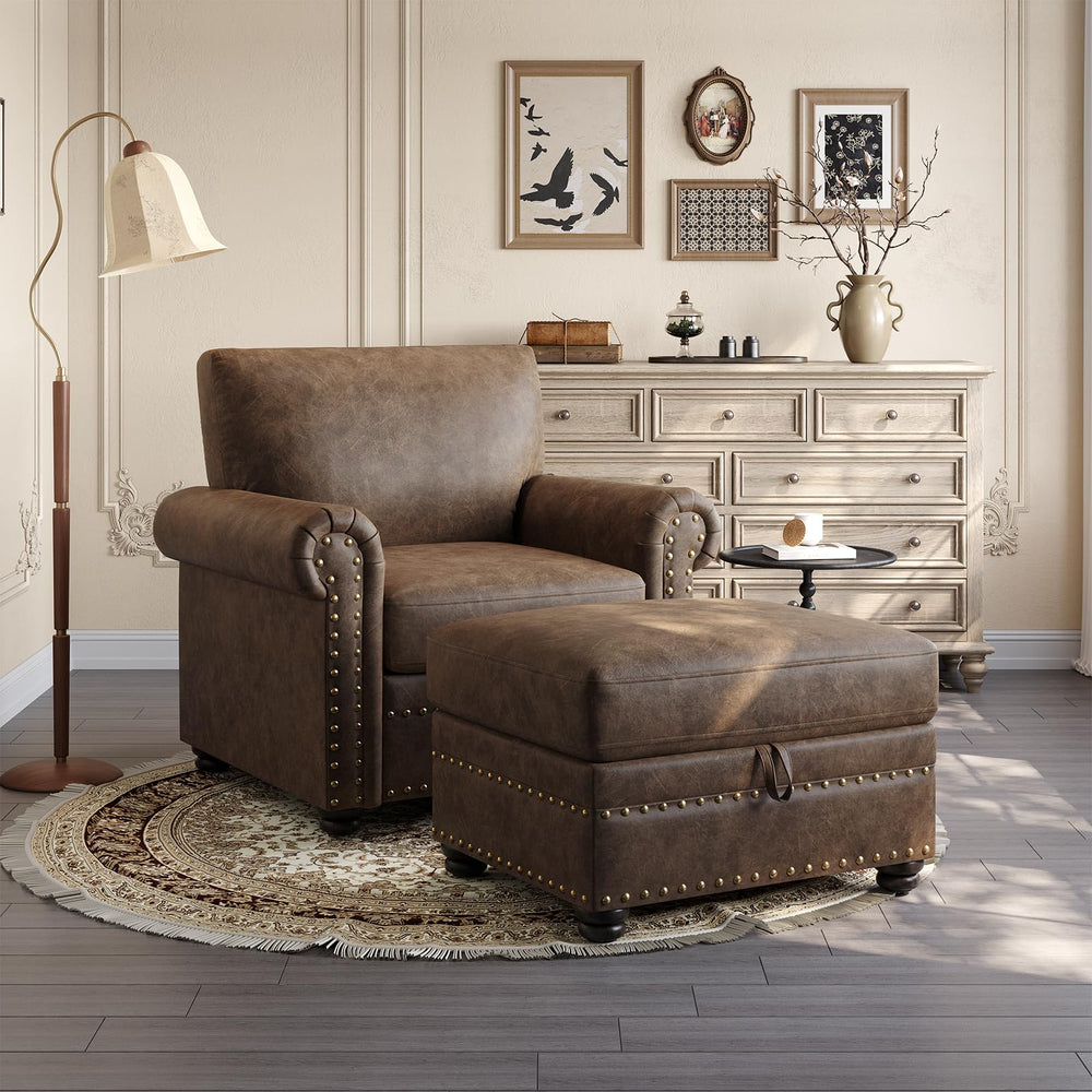 Brown Faux Leather Storage Ottoman with Nailhead Trim