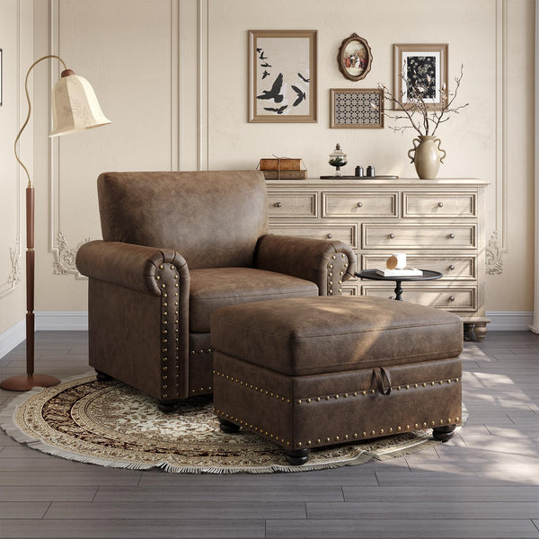 Brown Faux Leather Storage Ottoman with Nailhead Trim