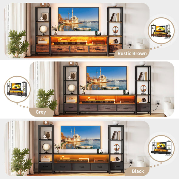 TV Stand with Bookshelves, LED Lights & Power Outlets – Fits up to 65" TV