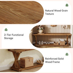 59-Inch Solid Wood Entryway Bench with Open Shelf