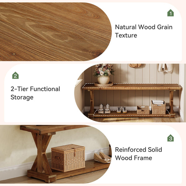 59-Inch Solid Wood Entryway Bench with Open Shelf