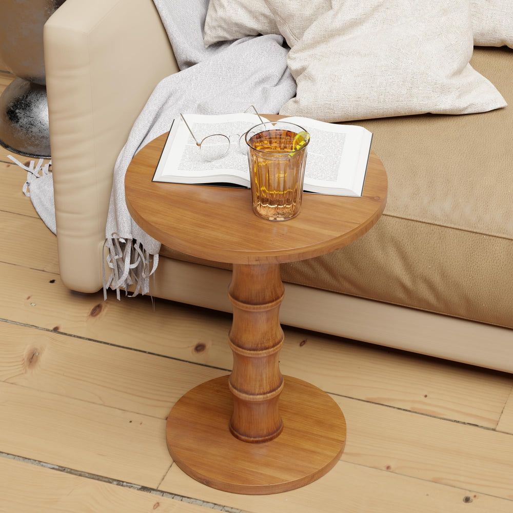 Round Cedar Pedestal End Table – Warm Natural