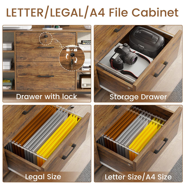 44" 2-Drawer File Cabinet with Lock & Power Strip