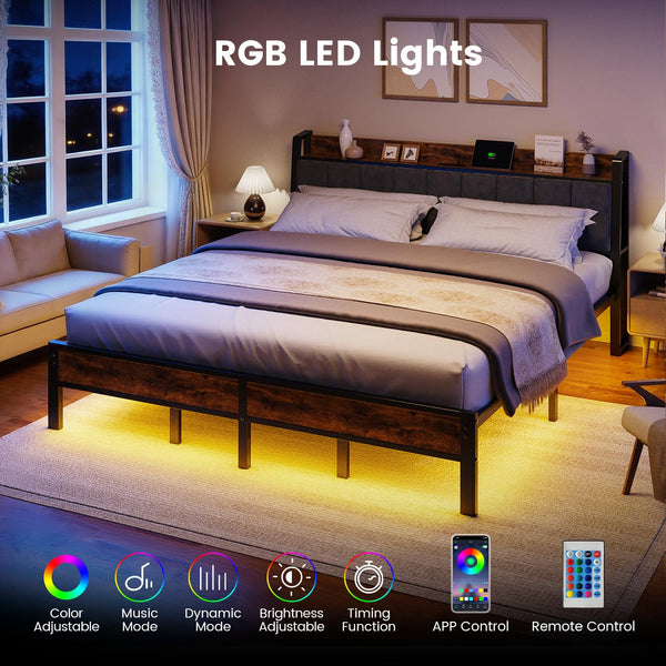King Bed Frame with LED Lights, USB Charging & Storage Headboard
