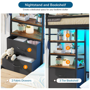 Twin Over Full Metal Bunk Bed with Storage Drawers, Bookshelf & LED Lights