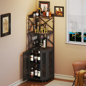 5-Tier Corner Bar Cabinet with LED Lights and Glass Holder