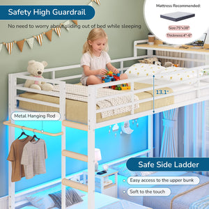 Triple Bunk Bed Twin Size with LED Lights, Charging Station & Storage Drawers