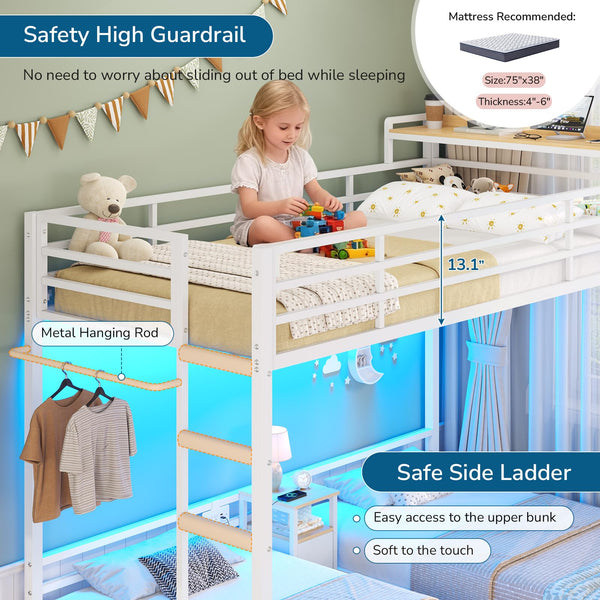 Triple Bunk Bed Twin Size with LED Lights, Charging Station & Storage Drawers