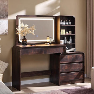 Vanity Desk with Mirror, Lights & 5 Drawers
