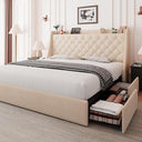 Upholstered Bed Frame with Storage Drawers & Charging Station