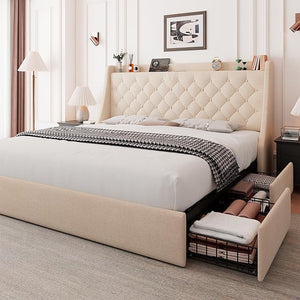 Upholstered Bed Frame with Storage Drawers & Charging Station