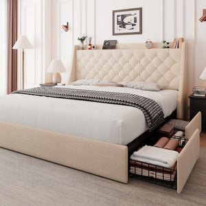 Upholstered Bed Frame with Storage Drawers & Charging Station