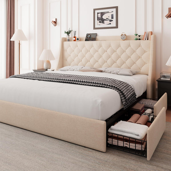 Upholstered Bed Frame with Storage Drawers & Charging Station