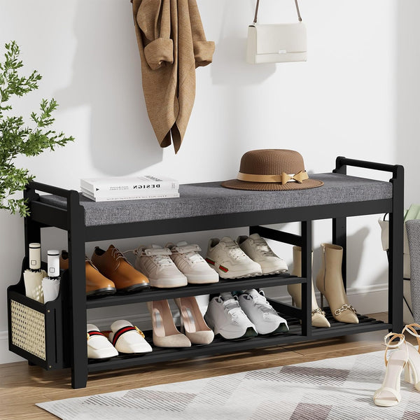 Bamboo Entryway Shoe Bench with Cushion and Side Holder