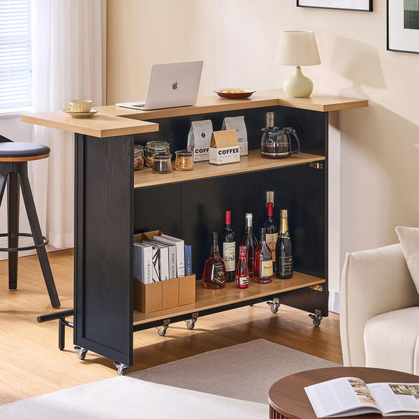61-Inch Foldable Bar Table with Storage Cabinet & Lockable Wheels