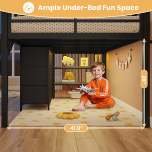 Twin Low Loft Bed with 9 Storage Drawers, LED Lights & Safety Guardrail