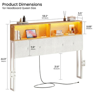 Queen Upholstered Headboard with Storage, LED Light & Charging Station