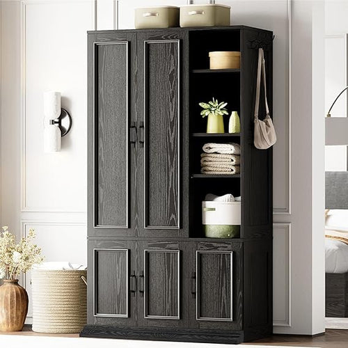 Wooden Wardrobe Closet with 5 Doors, 4 Shelves & Hanging Rod