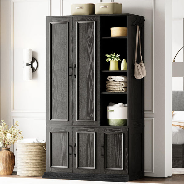 70" 5-Door Wooden Wardrobe with Shelves & Hanging Rod