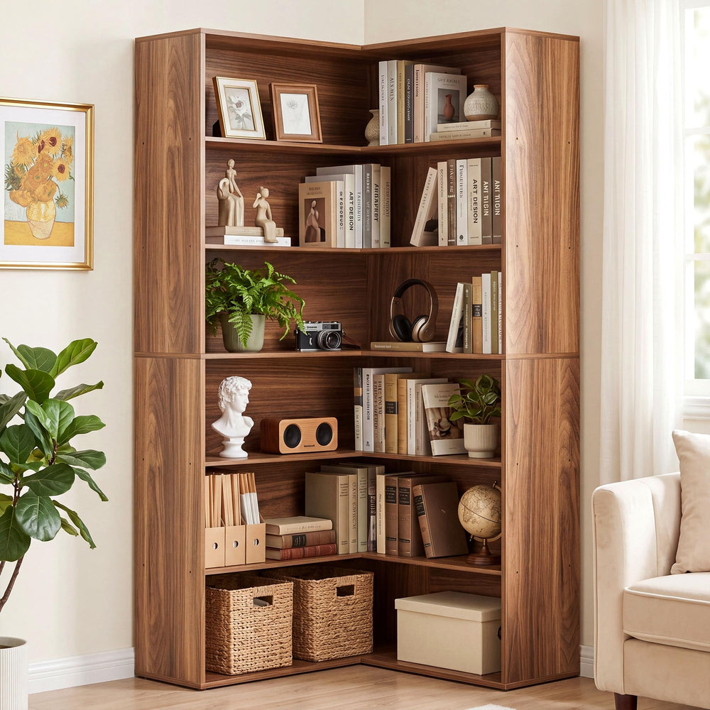 ANCTOR Corner Bookshelf, 6 Tiers Corner Bookcases with Baffles Etagere Shelf Storage Rack for Living Room Home Office, Oak Brown