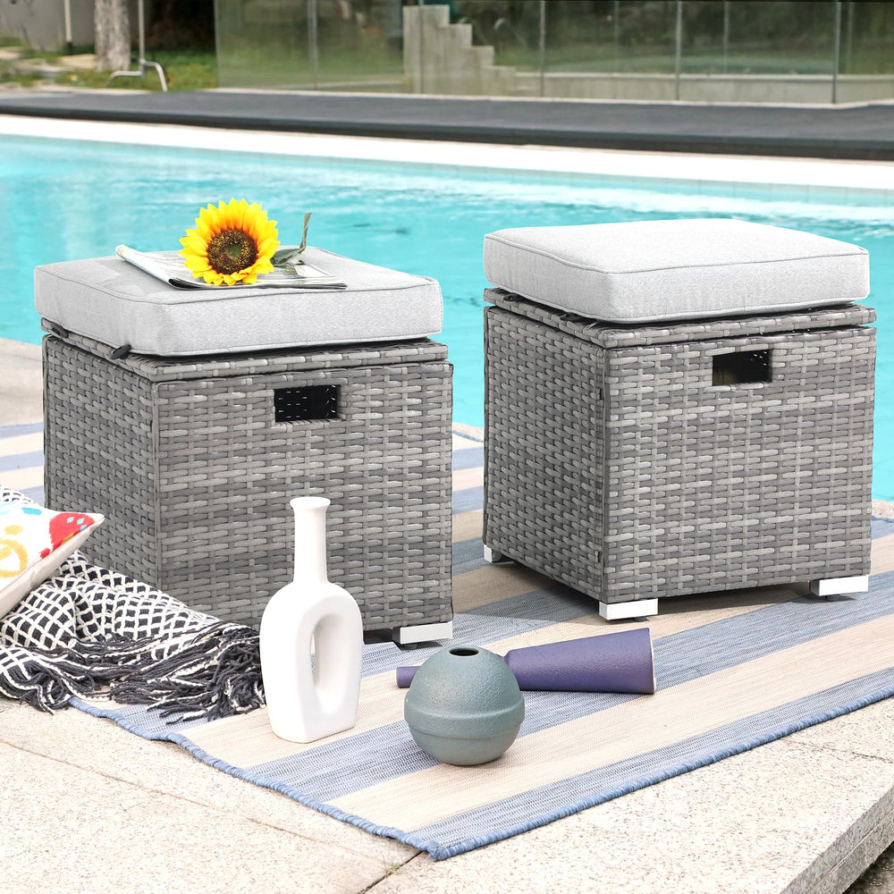 Outdoor Storage Ottoman Set of 2 – PE Rattan Wicker with Cushion