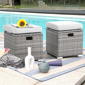 Outdoor Storage Ottoman Set of 2 – PE Rattan Wicker with Cushion