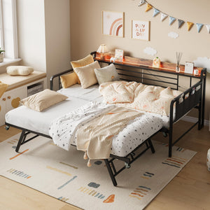 Twin Daybed with Pop-Up Trundle, RGB LED Headboard & Charging Station