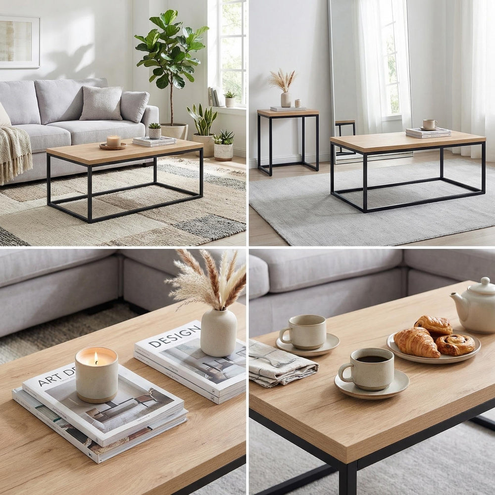 40" Rectangle Coffee Table with Black Metal Legs