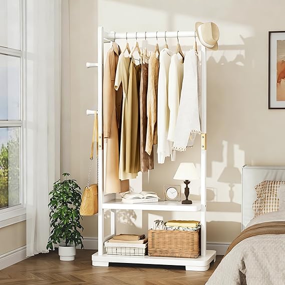 Solid Wood Coat Rack with 2 Shelves & 4 Hooks