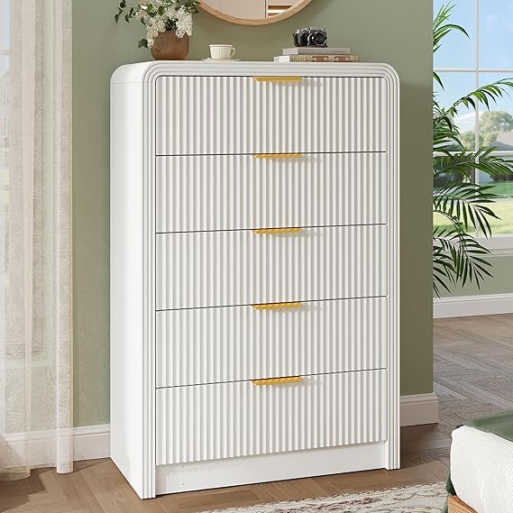 5-Drawer Fluted Dresser — Modern Chest of Drawers with Metal Handles