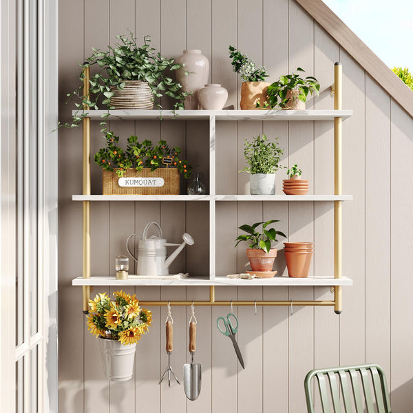 3-Tier Wall Mounted Floating Pipe Shelf with Hooks