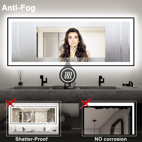 96x36 Large LED Bathroom Mirror with Front & Backlit, Anti-Fog, Dimmable, 3 Color Temperatures