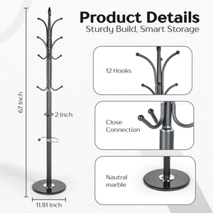 Metal Coat Rack with Marble Base, 12 Hooks & Umbrella Holder