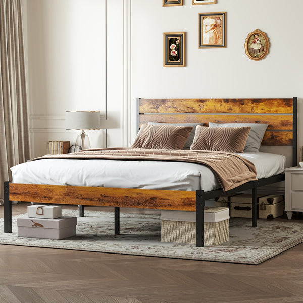 Industrial Metal Bed Frame with Headboard & Under-Bed Storage