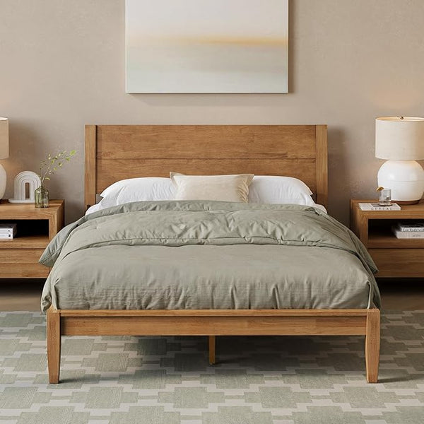 Solid Rubberwood Platform Bed Frame with Headboard