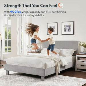 Queen Bed Frame with Adjustable Headboard & LED Light – Light Grey