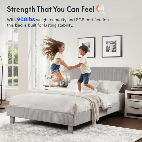 Queen Bed Frame with Adjustable Headboard & LED Light – Light Grey