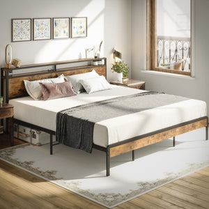 King Size Platform Bed Frame with 2-Tier Storage Headboard