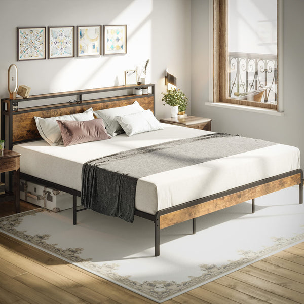 King Size Platform Bed Frame with 2-Tier Storage Headboard