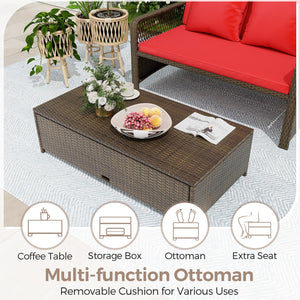 PE Rattan Double Chaise Lounge Set with Adjustable Back & Storage Ottoman