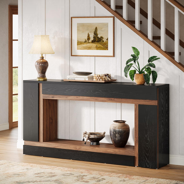 63-Inch 2-Tier Console Table – Black & Walnut