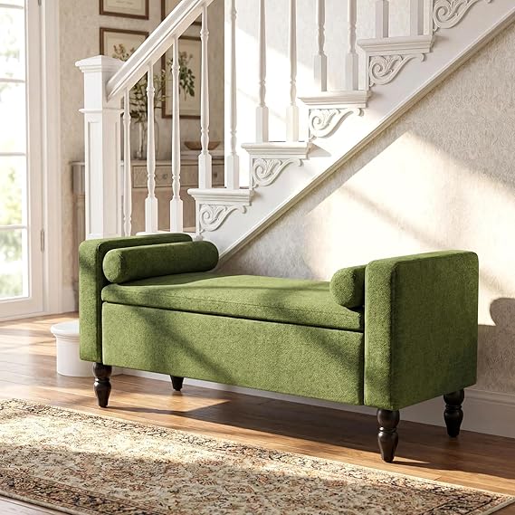 Linen Storage Ottoman Bench with Solid Wood Legs