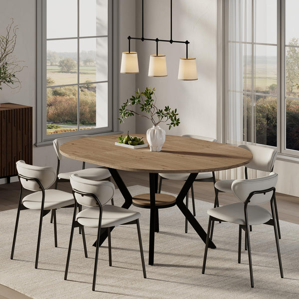 42–58" Extendable Round to Oval Dining Table with Hidden Leaves & Storage Shelf, Seats 4–6
