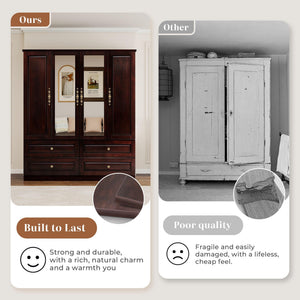 4-Door Solid Wood Armoire Wardrobe with Mirrors & Drawers